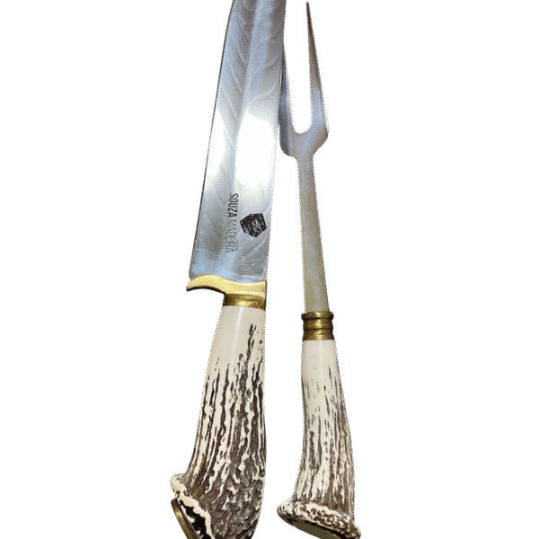 Kit faca e garfo artesanal cabo chifre de certo lâmina em aço inox 420